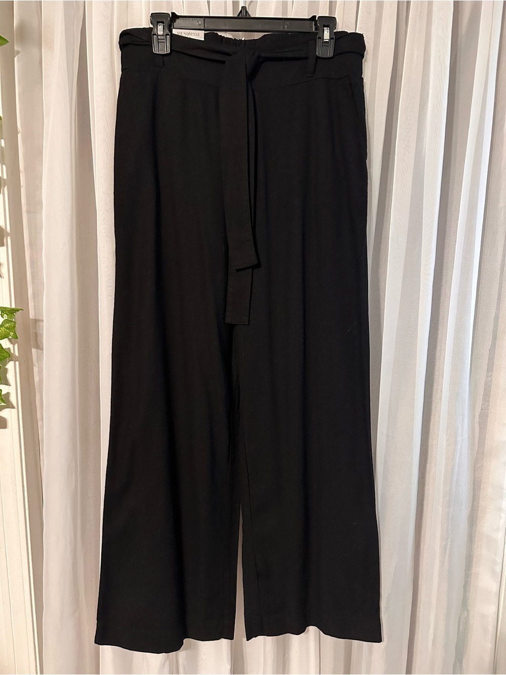 SoundStyle Linen Blend Black Wide-Leg Flowy Belted  Elastic Waist Pants Size L